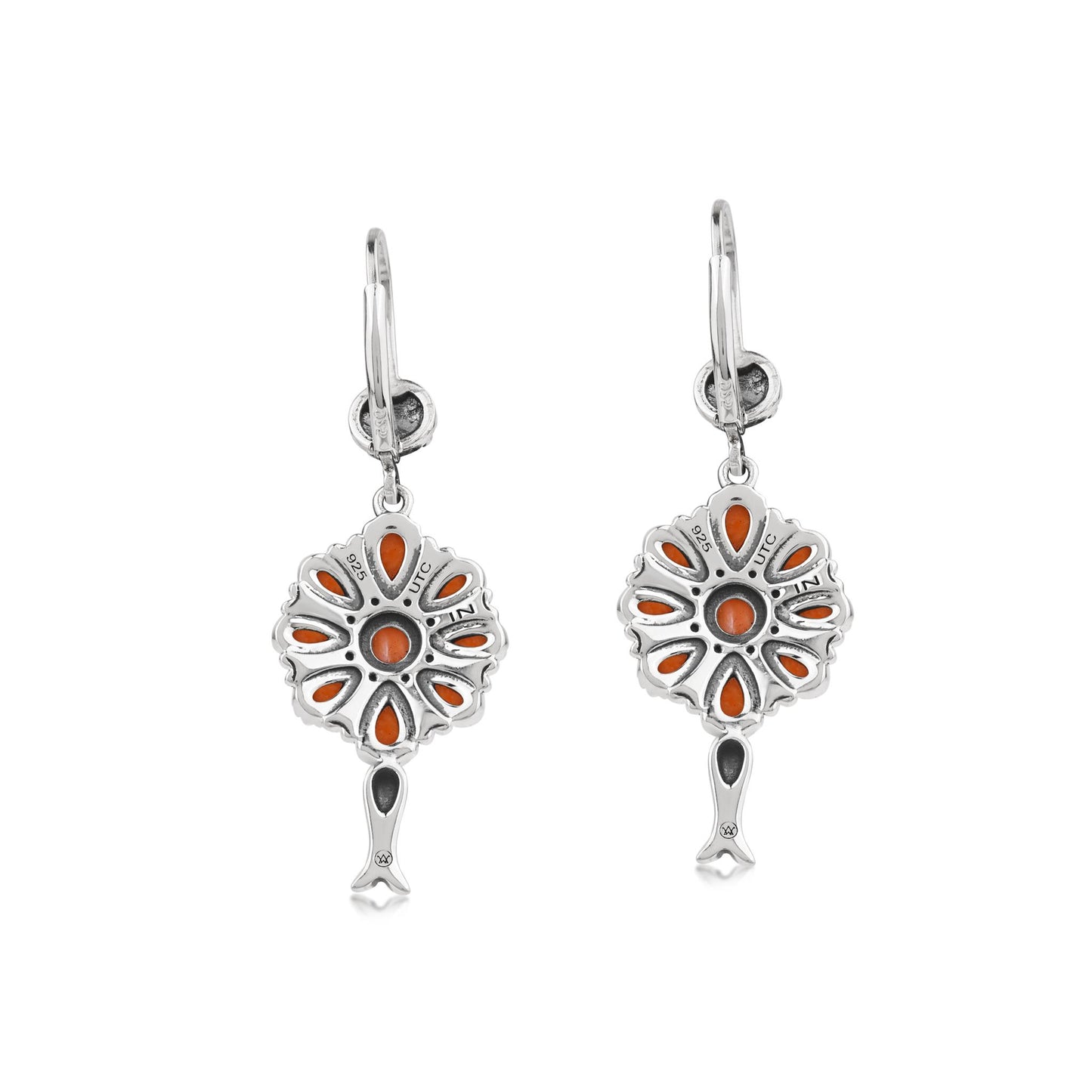  Sterling Silver Orange Spiny Oyster Flower Cluster Squash Blossom Earrings