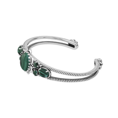  Sterling Silver Malachite Oval and Round Open Cuff Bracelet