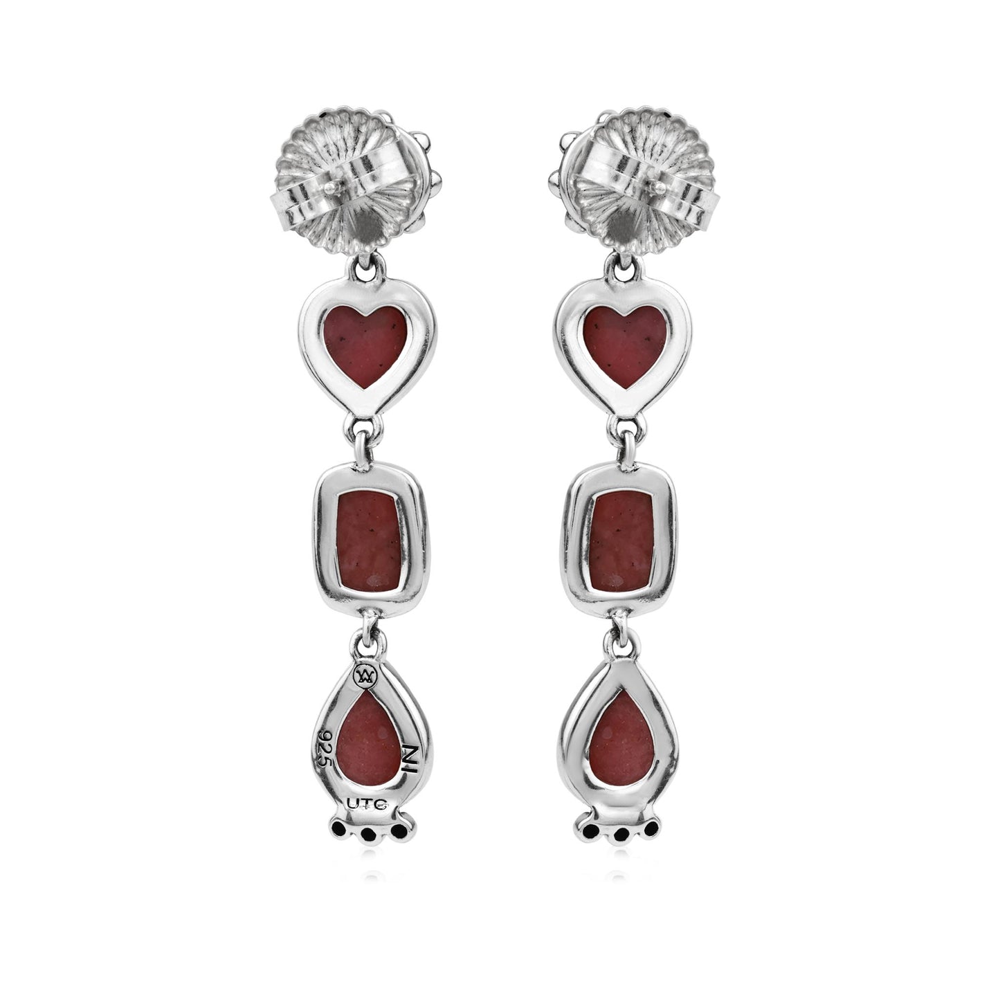 Sterling Silver Rhodonite Gemstone Heart, Rectangle and Pear Concha Post Dangle Earrings 