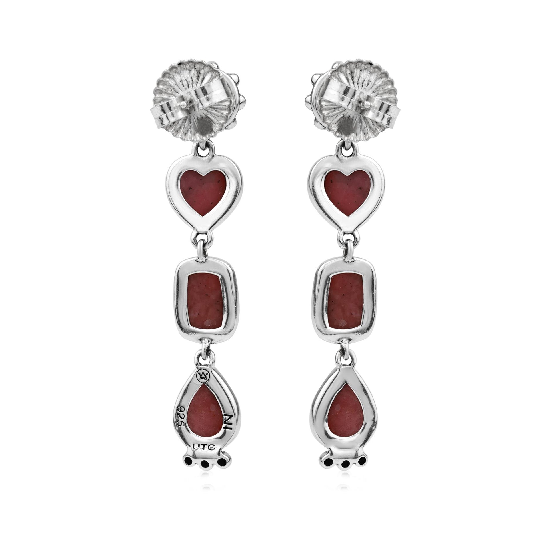 Sterling Silver Rhodonite Gemstone Heart, Rectangle and Pear Concha Post Dangle Earrings 