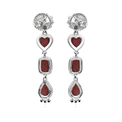 Sterling Silver Rhodonite Gemstone Heart, Rectangle and Pear Concha Post Dangle Earrings 
