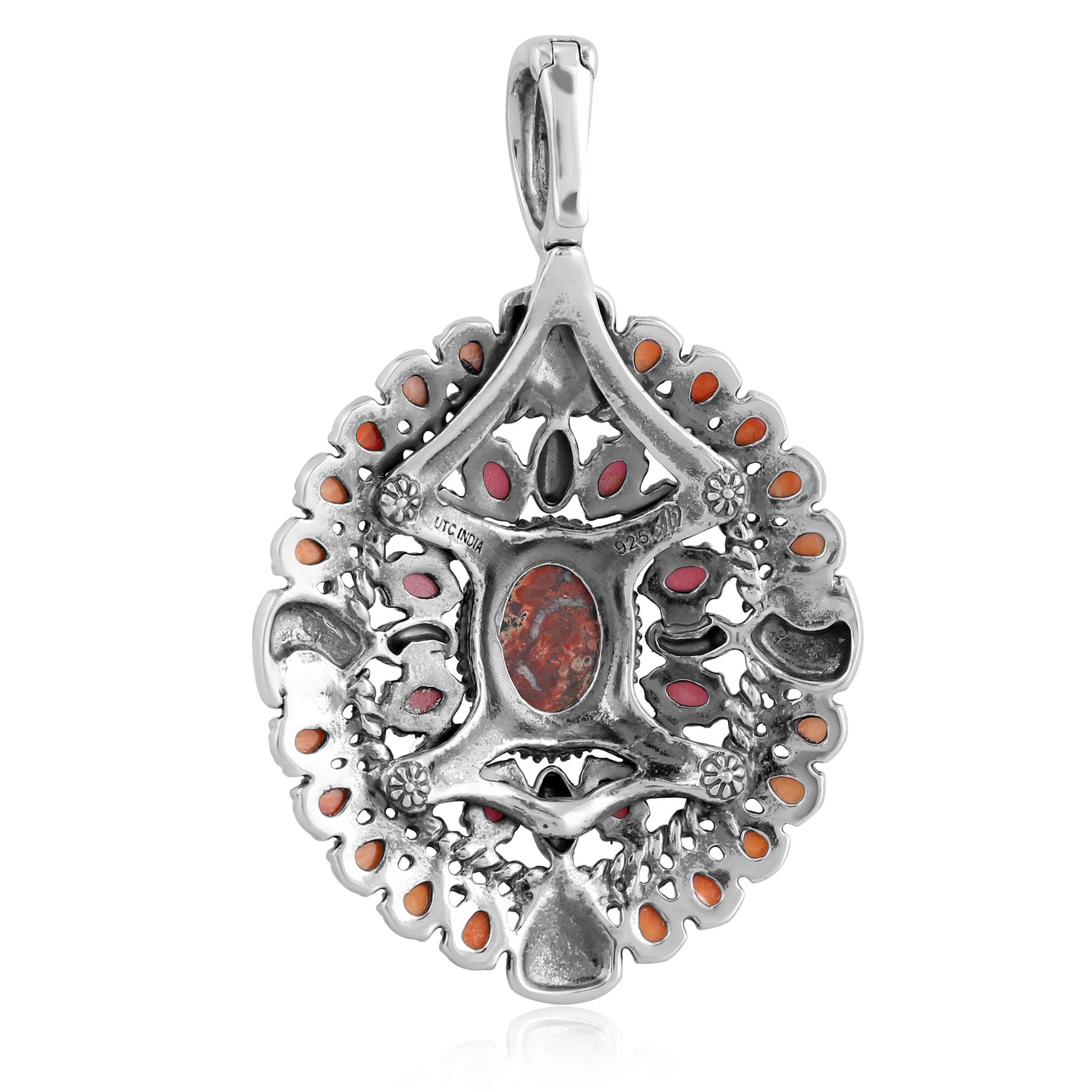Sterling Silver Leopard Jasper, Orange Spiny Oyster and Rhodonite Oval Floral Cluster Pendant Enhancer