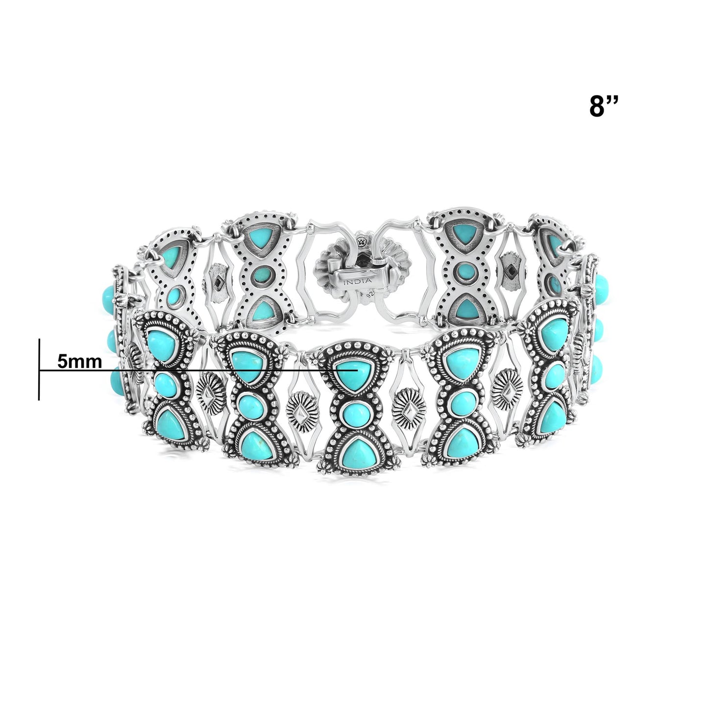 Sterling Silver Kingman Turquoise Round and Trillion Cut Link Bracelet, Sizes Small to Large