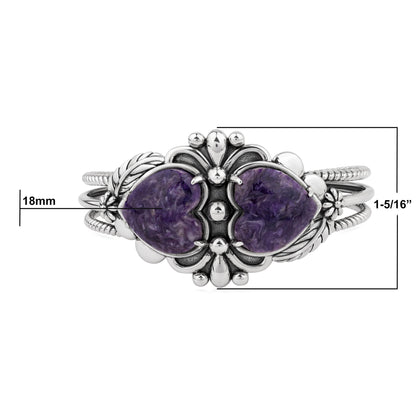EXCLUSIVELY OURS! Sterling Silver Charoite Double Heart Cuff Bracelet, Sizes Small to Large