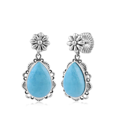  Sterling Silver Kingman Turquoise Pear-Cut Concha Dangle Earrings