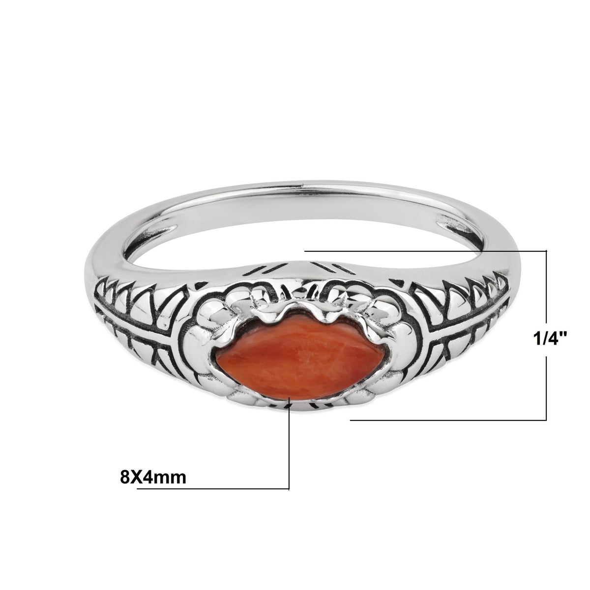 Sterling Silver Orange Spiny Oyster Marquise Gemstone Etched Ring, Sizes 5 to 11