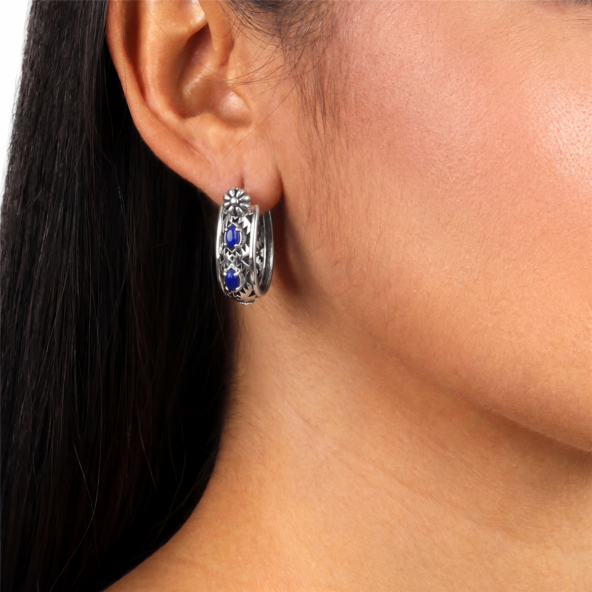 EXCLUSIVELY OURS! Sterling Silver Lapis Marquise Cut Concha Hoop Earrings