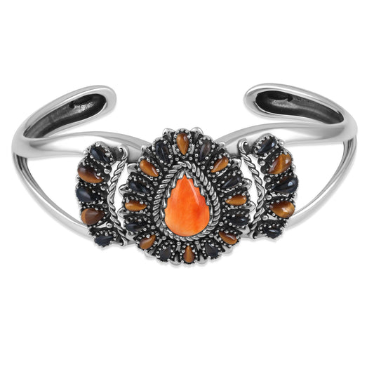 Sterling Silver Orange Spiny Oyster, Tiger's Eye, and Smoky Quartz Cluster Cuff Bracelet
