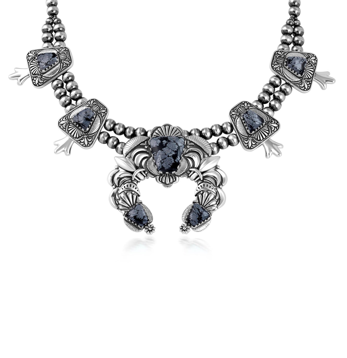 LIMITED EDITION! Sterling Silver Snowflake Obsidian Trapezoid Squash Blossom Necklace