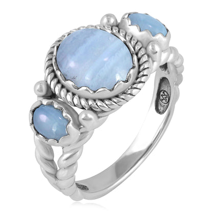 Sterling Silver Blue Lace Agate 3-Stone Ring, Sizes 5 to 11