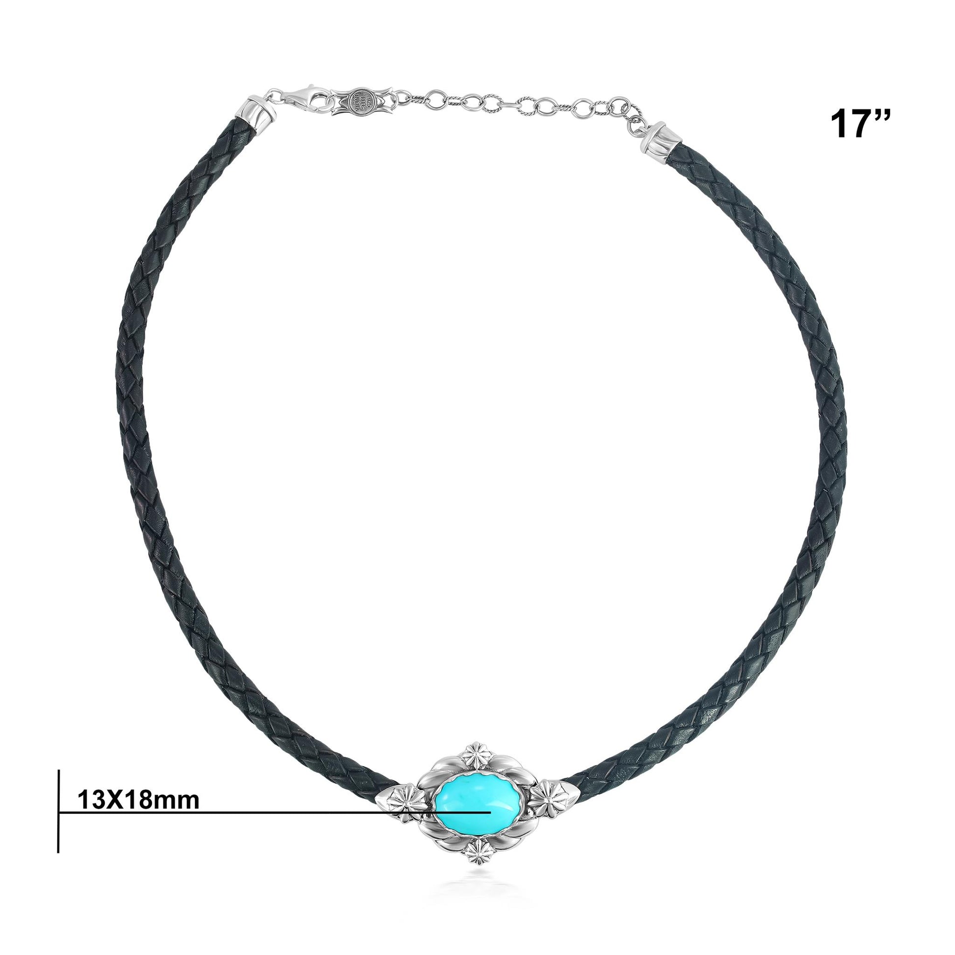 Sterling Silver Kingman Turquoise Black Braided Leather Necklace, 17 to 20 Inches