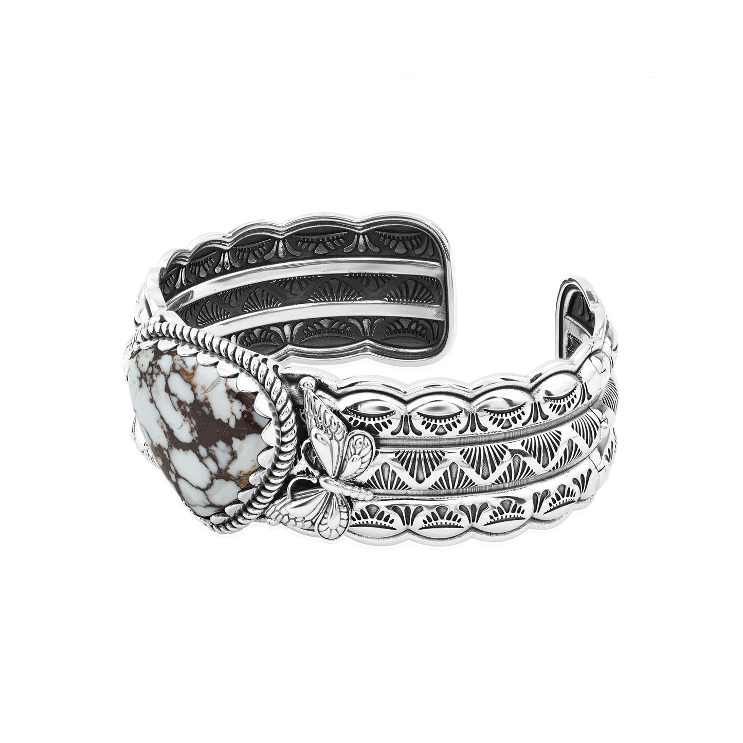 Sterling Silver Wild Horse Magnesite Gemstone Butterfly Hinged Cuff Bracelet