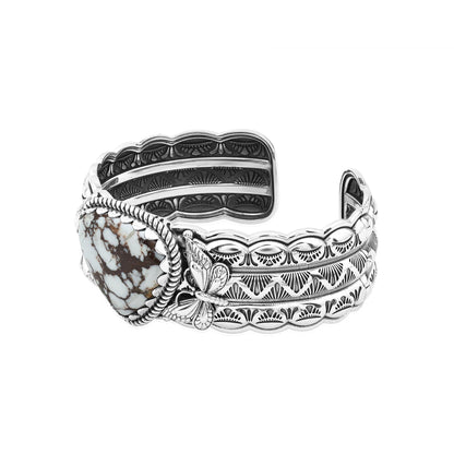 Sterling Silver Wild Horse Magnesite Gemstone Butterfly Hinged Cuff Bracelet