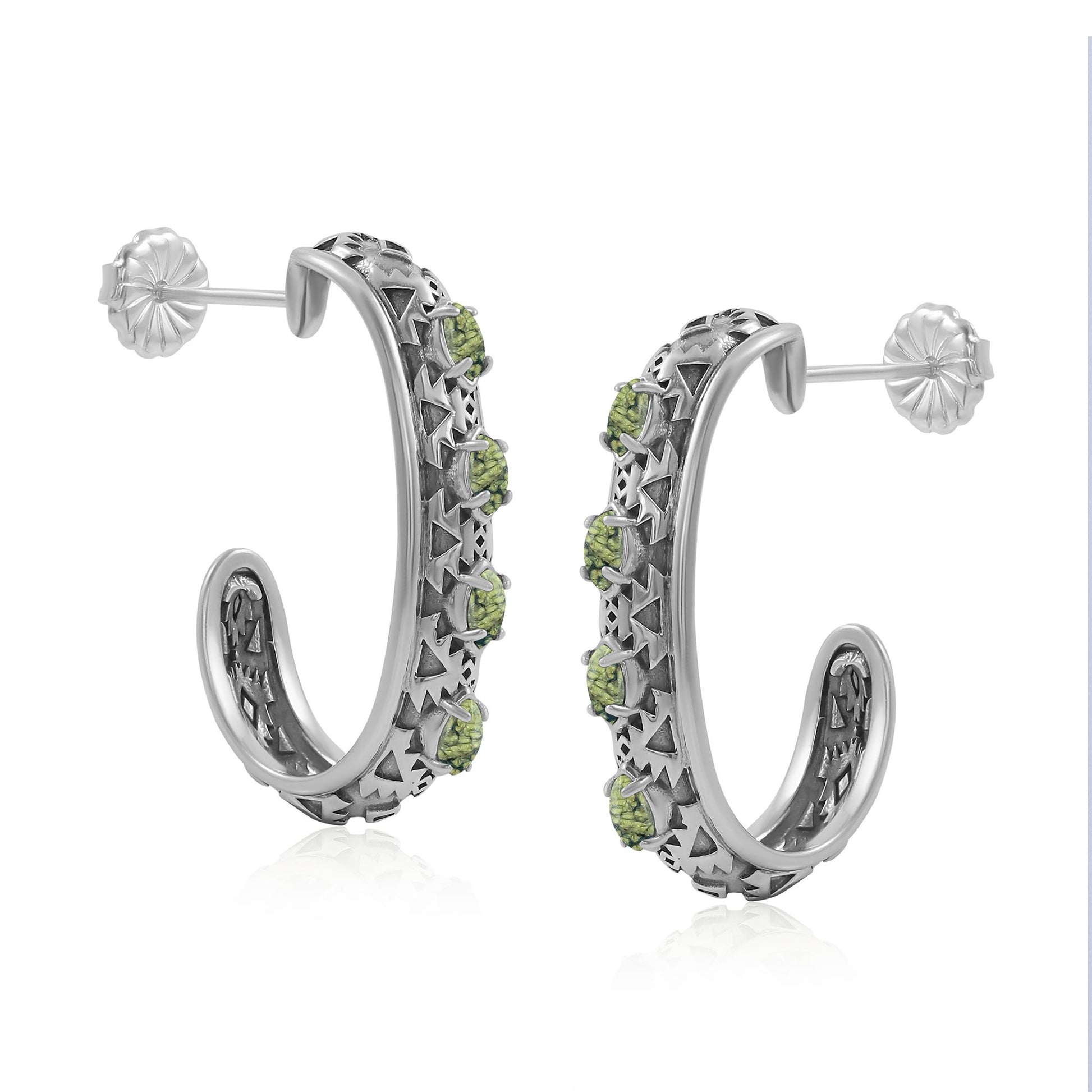 Sterling Silver Green Serpentine Patterned J-Hoop 1 Inch Earrings 