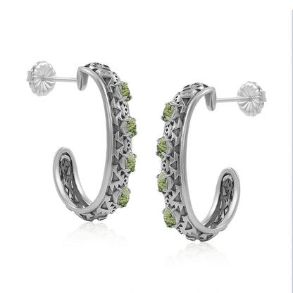 Sterling Silver Green Serpentine Patterned J-Hoop 1 Inch Earrings 