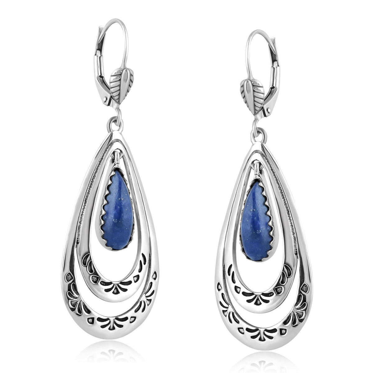 Sterling Silver Lapis Open Teardrop Lever Back Earrings
