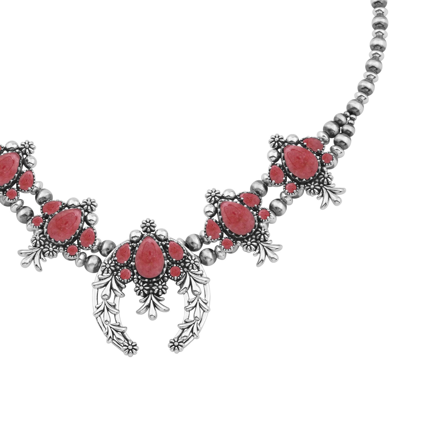LIMITED EDITION! Sterling Silver Rhodonite Pear Cut Squash Blossom Naja Necklace, 17 to 20 Inches