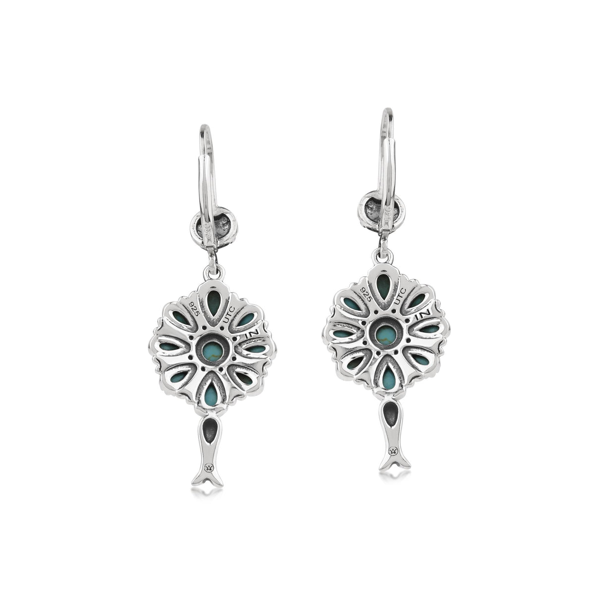 Sterling Silver Kingman Turquoise Petit Point Flower Cluster Squash Blossom Earrings