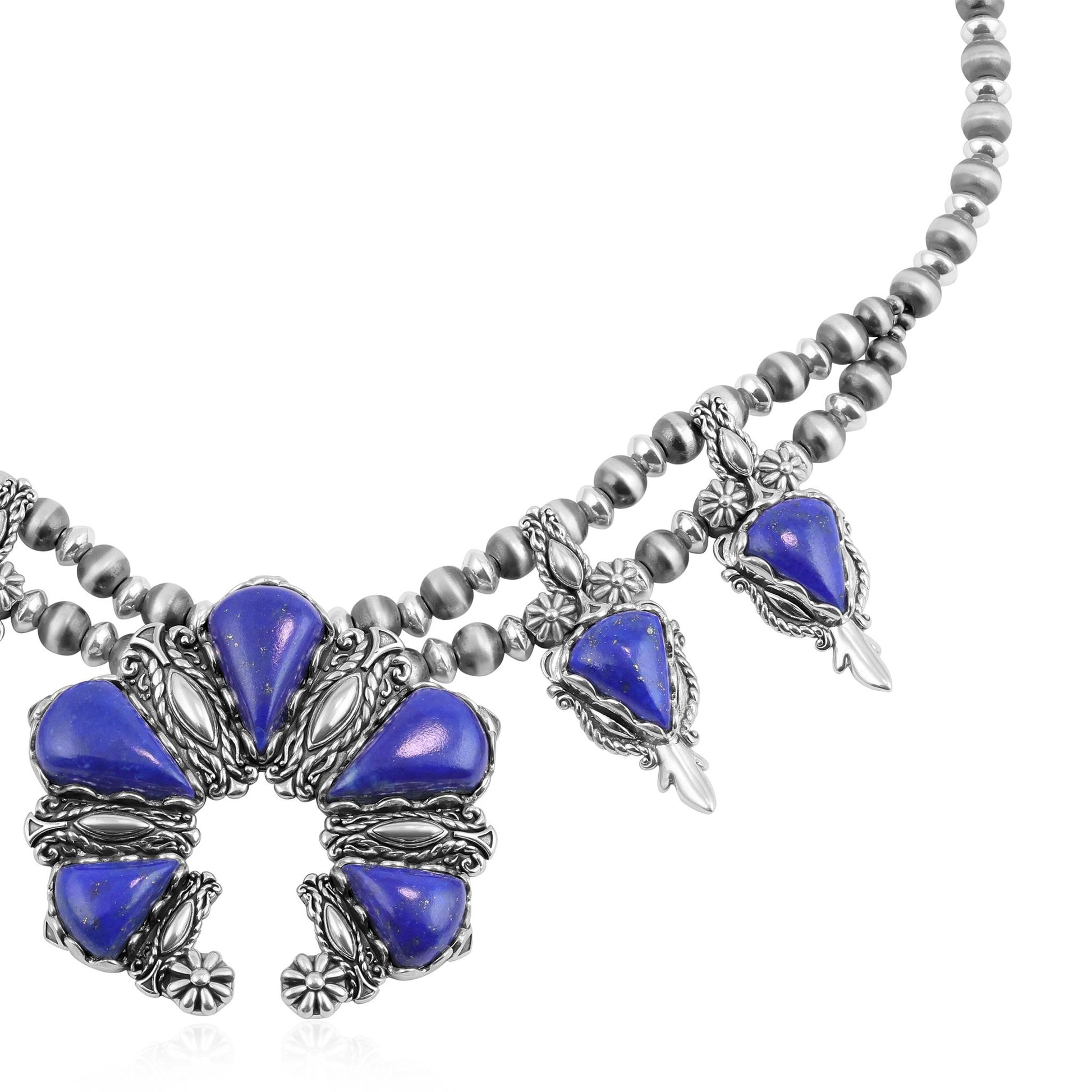 Sterling Silver Lapis Pear Gemstone Squash Blossom Necklace, 17 to 20 Inches