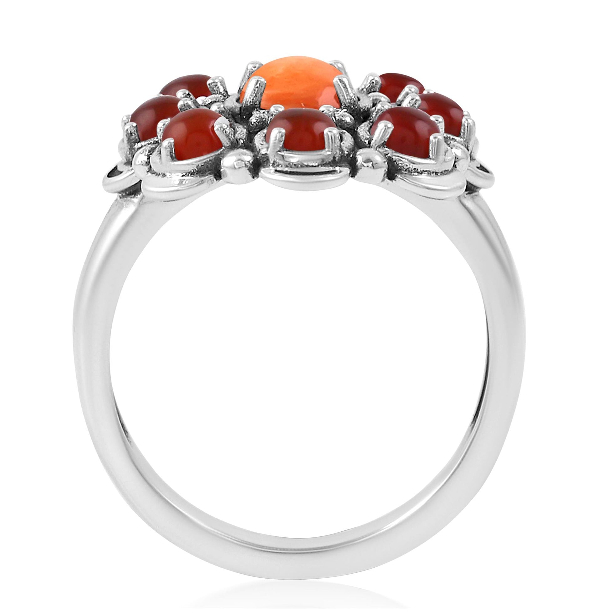 Sterling Silver Orange Spiny Oyster and Red Onyx Round Cut Flower Cluster Ring