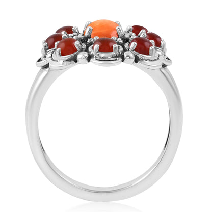 Sterling Silver Orange Spiny Oyster and Red Onyx Round Cut Flower Cluster Ring