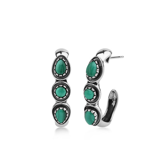 EXCLUSIVELY OURS! Sterling Silver Malachite Pear and Round Cut Hoop Earrings