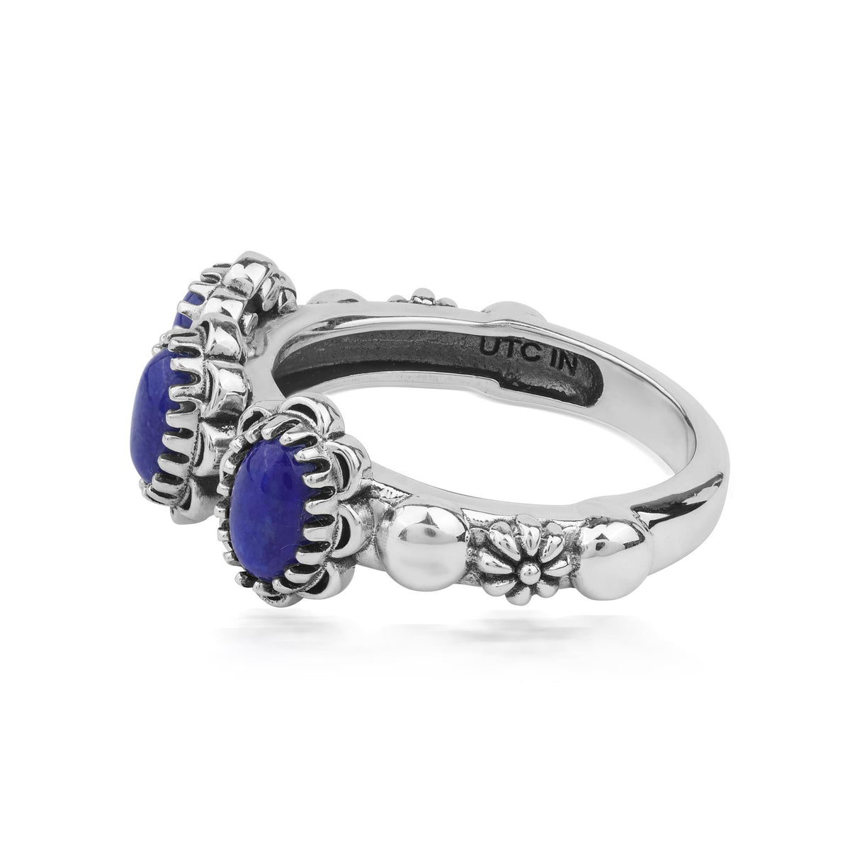 Sterling Silver Lapis Concha 3 Stone Ring, Sizes 5 to 11