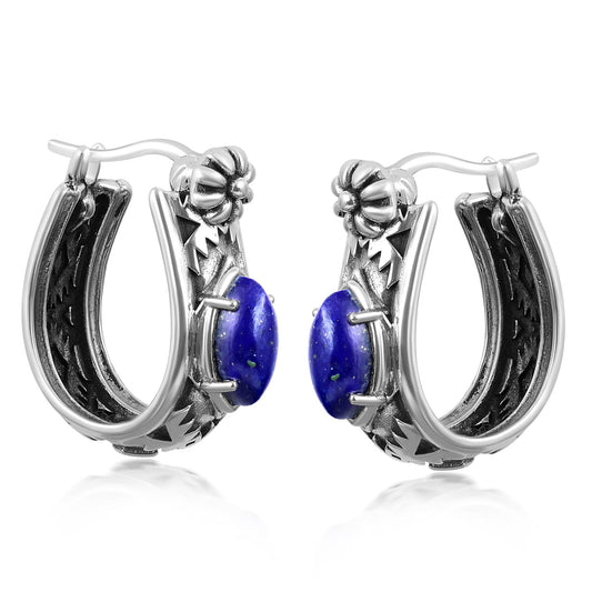 Sterling Silver Lapis Marquise Cut Huggie Hoop Earrings 