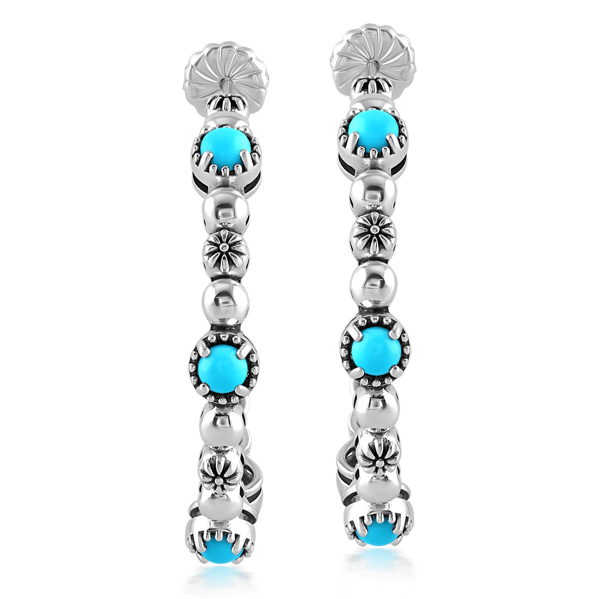 Sterling Silver Sleeping Beauty Turquoise Concha Crescent 1.5 Inch Hoop Earrings