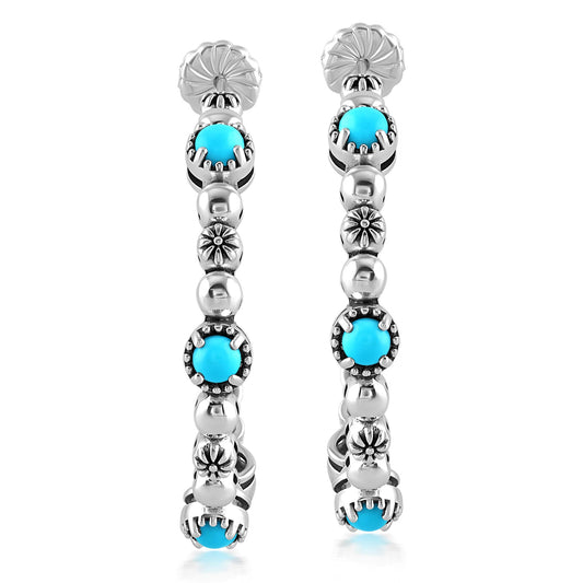 Sterling Silver Sleeping Beauty Turquoise Concha Crescent 1.5 Inch Hoop Earrings