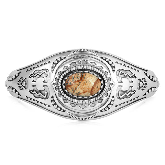 Sterling Silver Picture Jasper Oval Cut Bear Cuff Bracelet