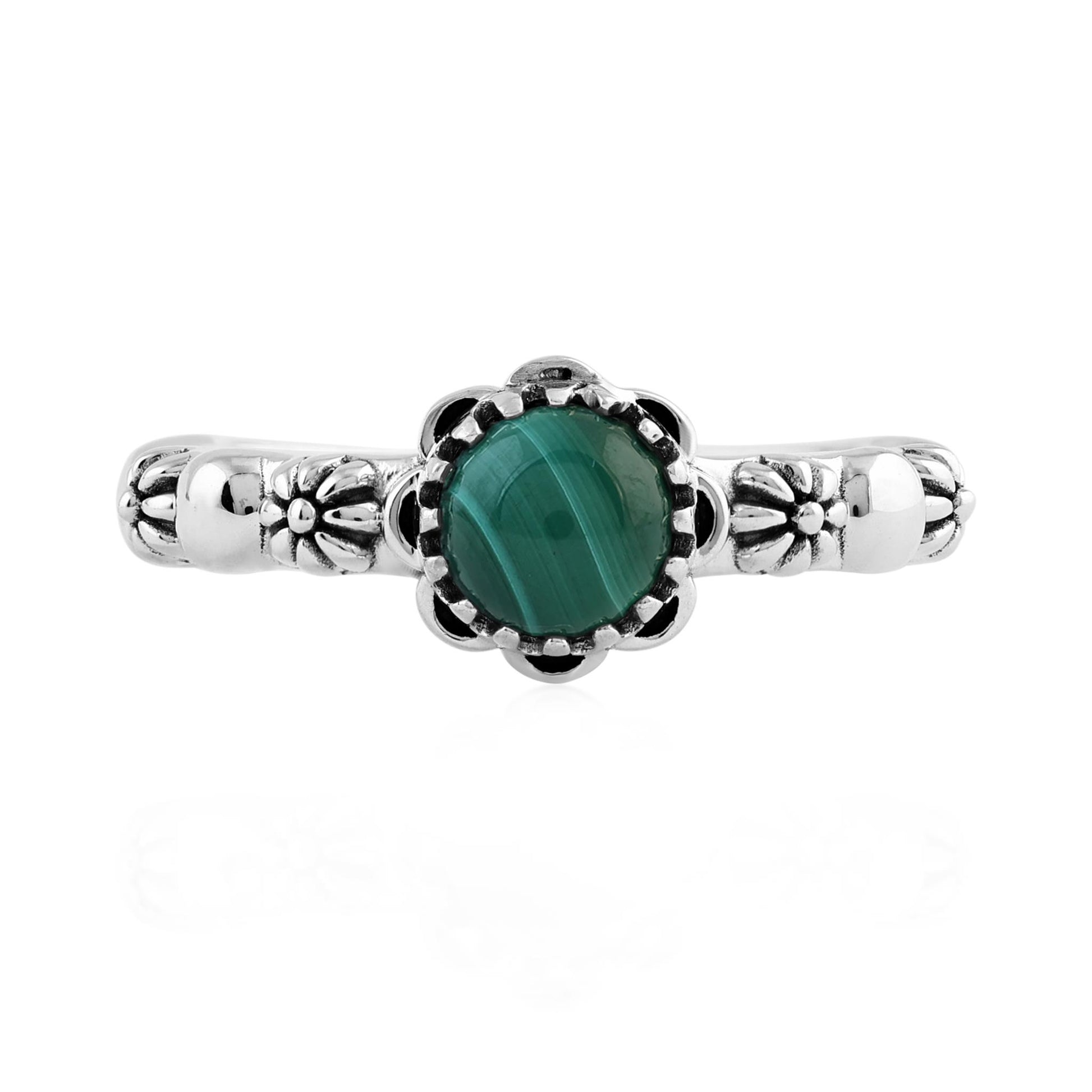  Sterling Silver Malachite Single Row Concha Flower Ring