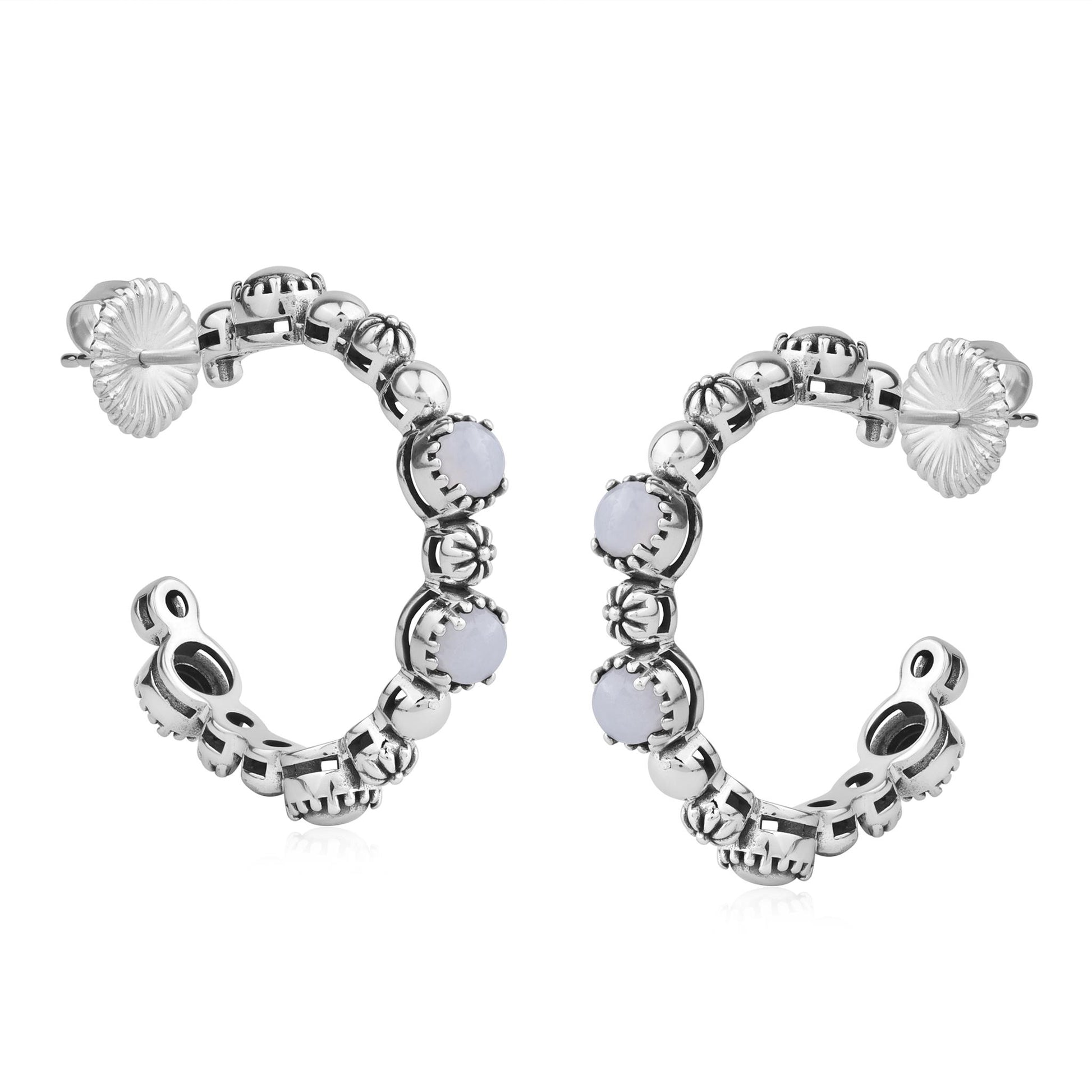 Sterling Silver Blue Lace Agate 1 Inch Concha Hoop Earrings 