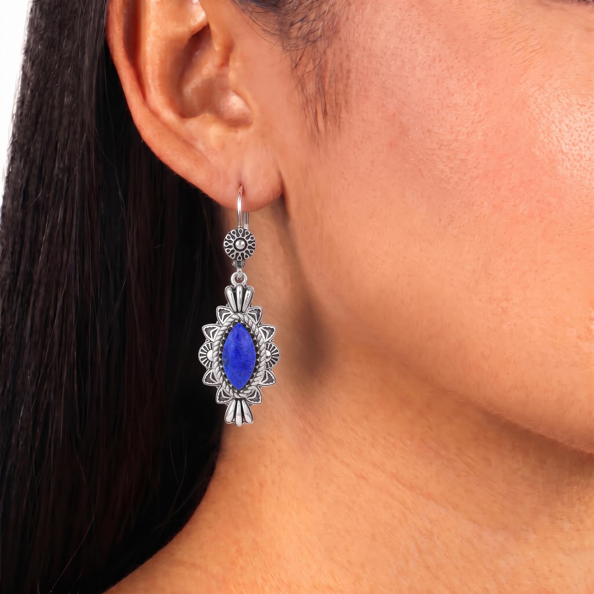 Sterling Silver Lapis Marquise Cut Lever Back Earrings