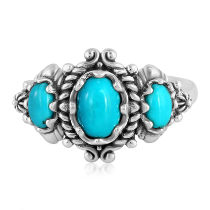 EXCLUSIVELY OURS! Sterling Silver Sleeping Beauty Turquoise 3-Stone Oval Scalloped Bezel Ring, Sizes 5 to 10