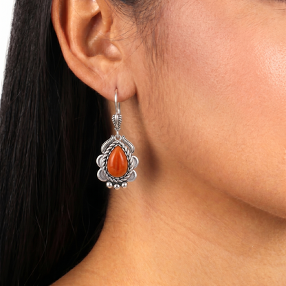 Sterling Silver Orange Spiny Oyster Pear-Cut Rope Design Lever Back Earrings