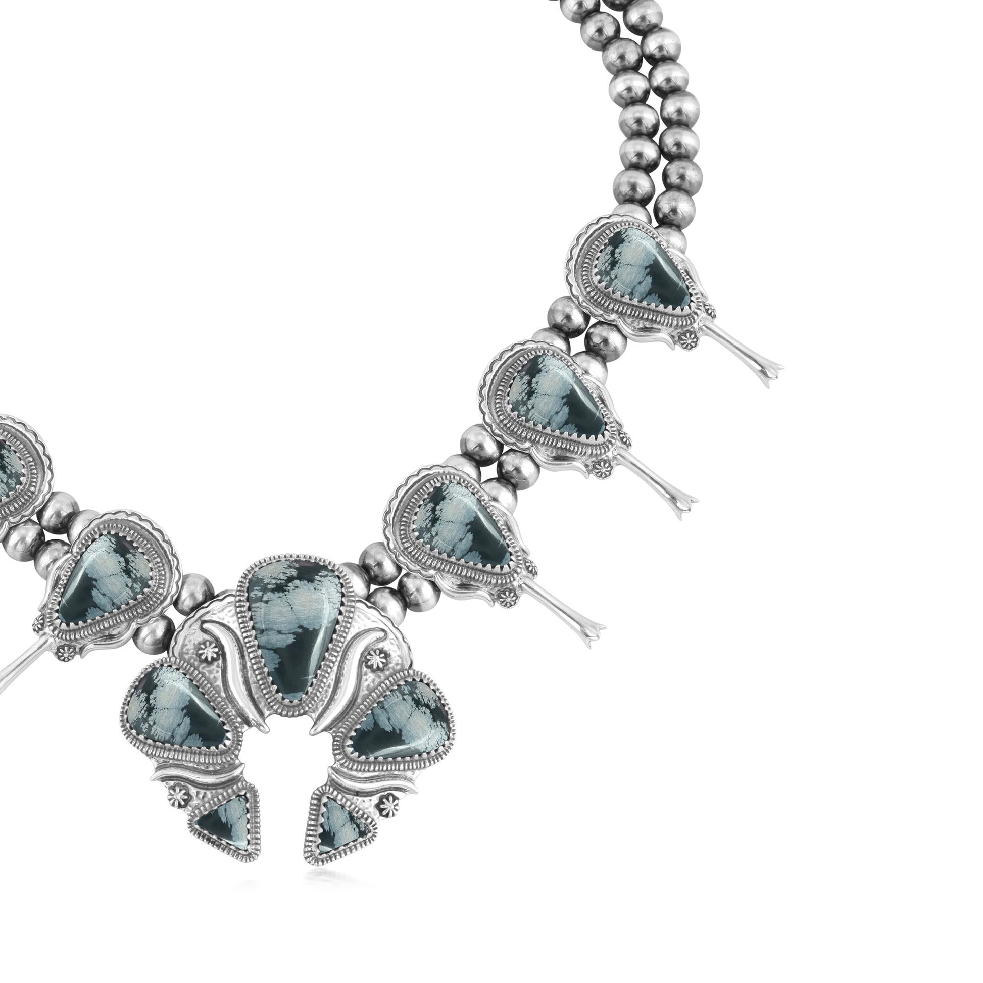 Sterling Silver Snowflake Obsidian Large Naja Squash Blossom Necklace