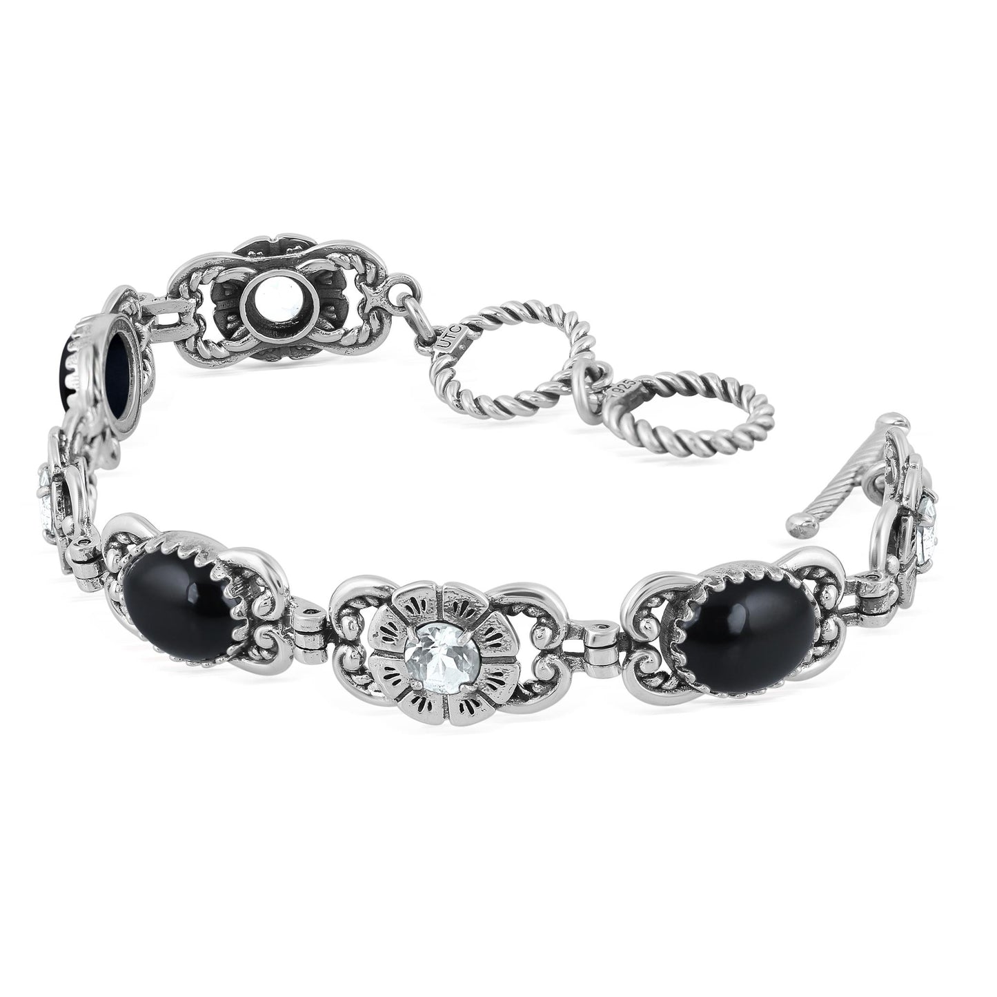 Sterling Silver Black Agate and White Topaz Concha Link Bracelet, Sizes Small to Large