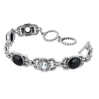 Sterling Silver Black Agate and White Topaz Concha Link Bracelet, Sizes Small to Large