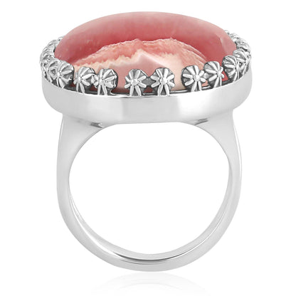 Sterling Silver Rhodochrosite Concha Flower Border Oval Cut Ring, Sizes 5 to 10