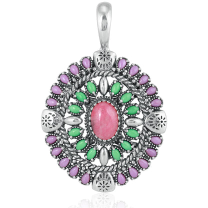 Sterling Silver Rhodonite, Variscite, Phosphosiderite Oval Floral Cluster Pendant Enhancer