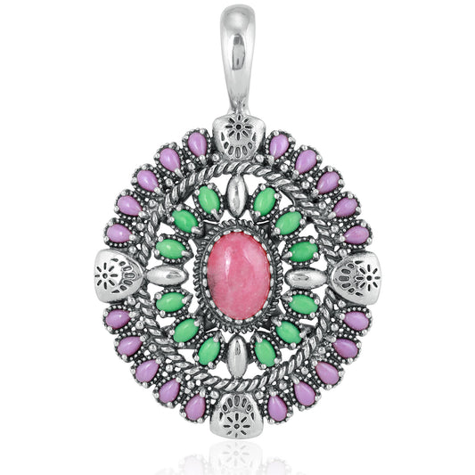 Sterling Silver Rhodonite, Variscite, Phosphosiderite Oval Floral Cluster Pendant Enhancer