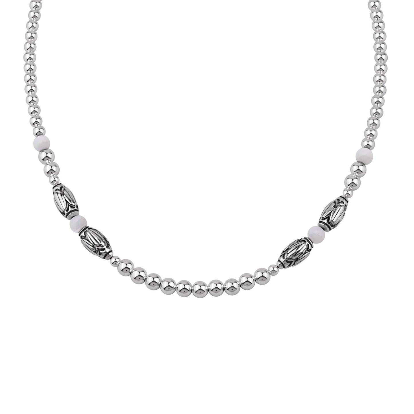  Sterling Silver White Mother of Pearl Barrel Bead Necklace