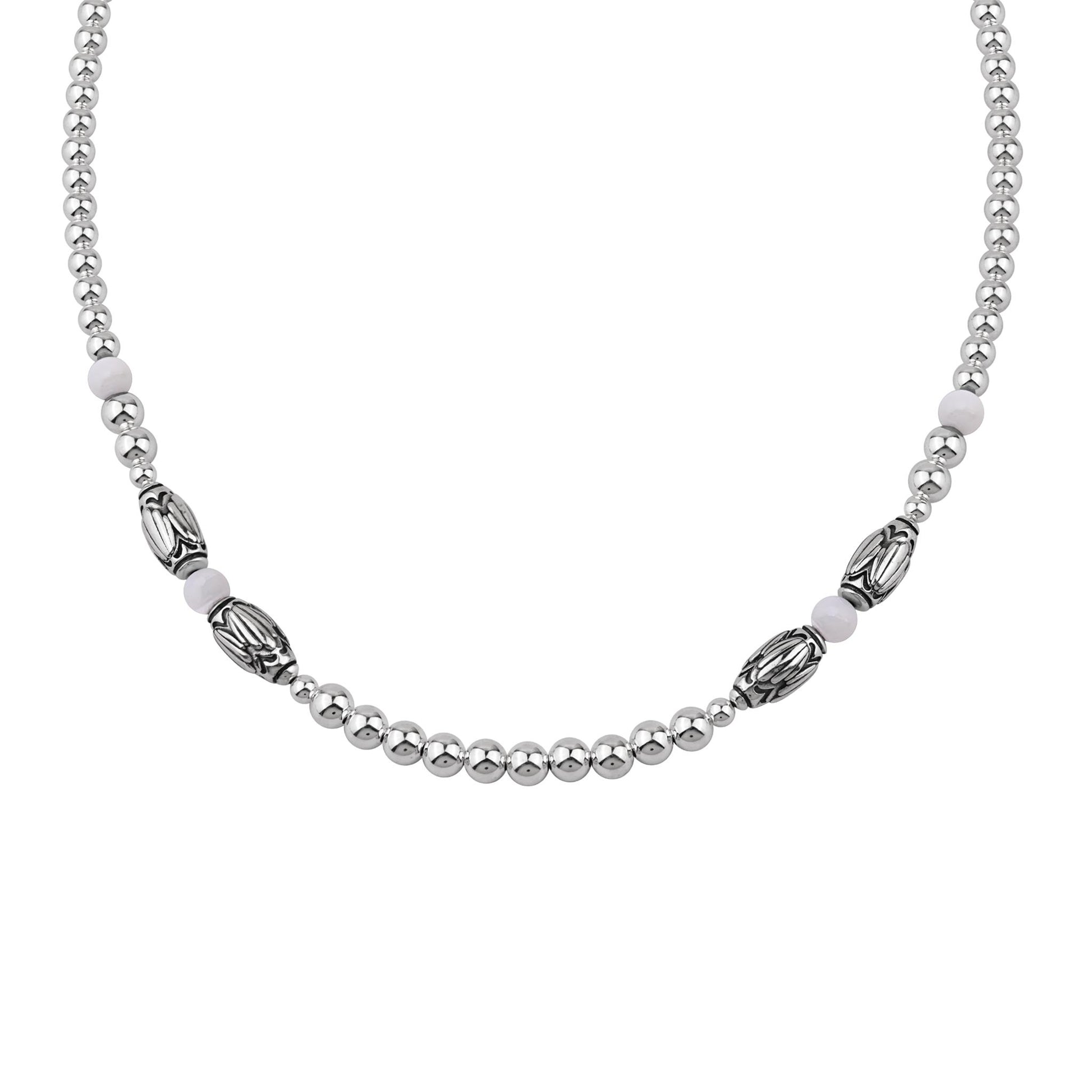  Sterling Silver White Mother of Pearl Barrel Bead Necklace