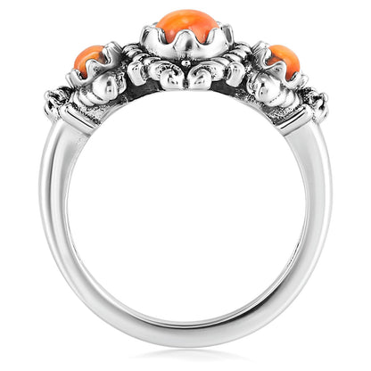 Sterling Silver Orange Spiny Oyster 3-Stone Oval Scalloped Bezel Ring, Sizes 5 to 10