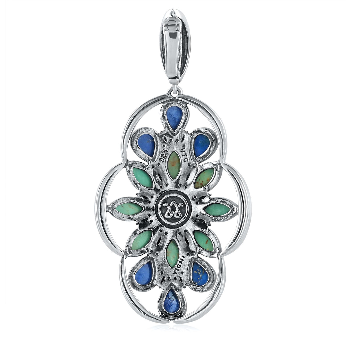 Sterling Silver Green Turquoise Lapis and Orange Spiny Oyster Oval Cluster Pendant Enhancer