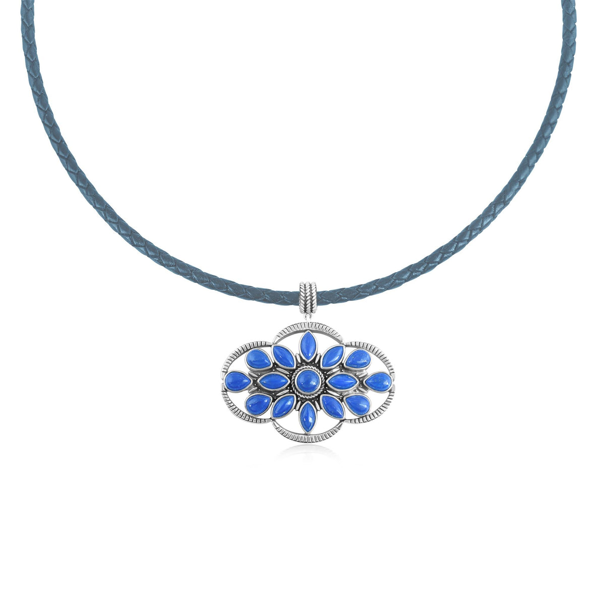 Sterling Silver Denim Lapis Blue Leather Cluster Necklace, 17 to 20 Inches