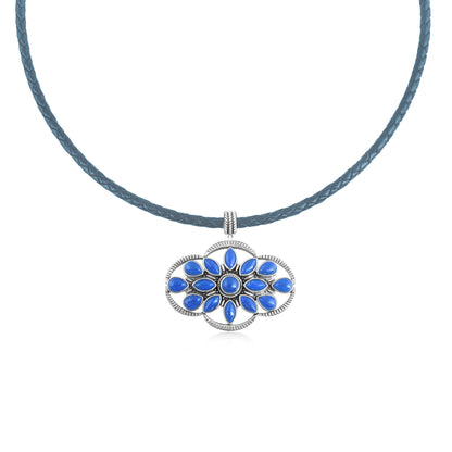 Sterling Silver Denim Lapis Blue Leather Cluster Necklace, 17 to 20 Inches