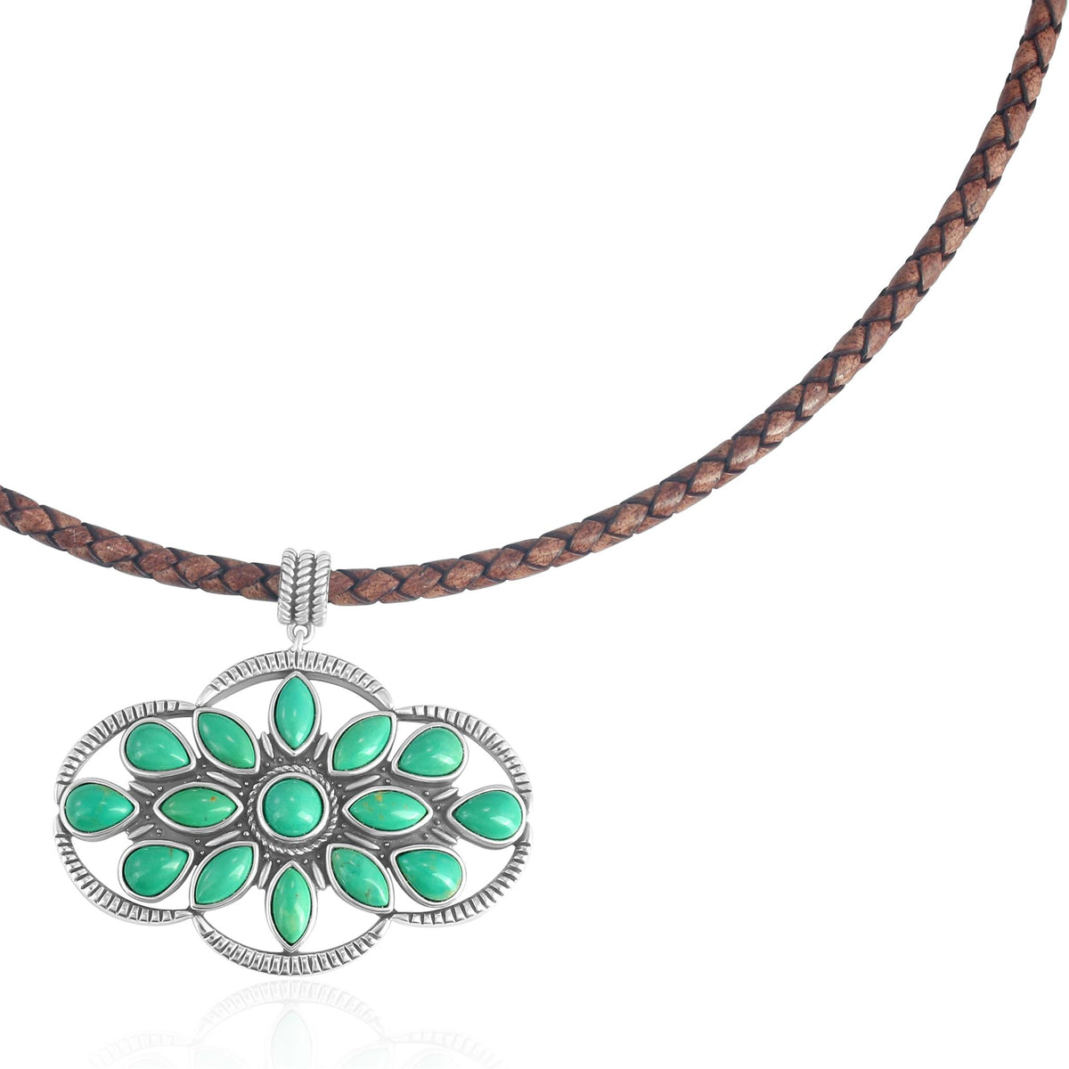 Sterling Silver Green Turquoise Brown Leather Cluster Necklace, 17 to 20 Inches