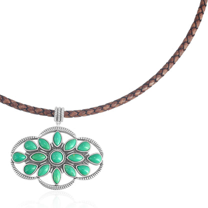 Sterling Silver Green Turquoise Brown Leather Cluster Necklace, 17 to 20 Inches